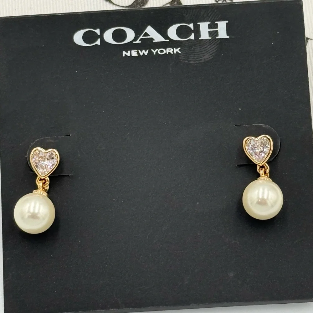COACH Pearl Drop Earrings with Heart Rhinestones - Picture 2 of 3